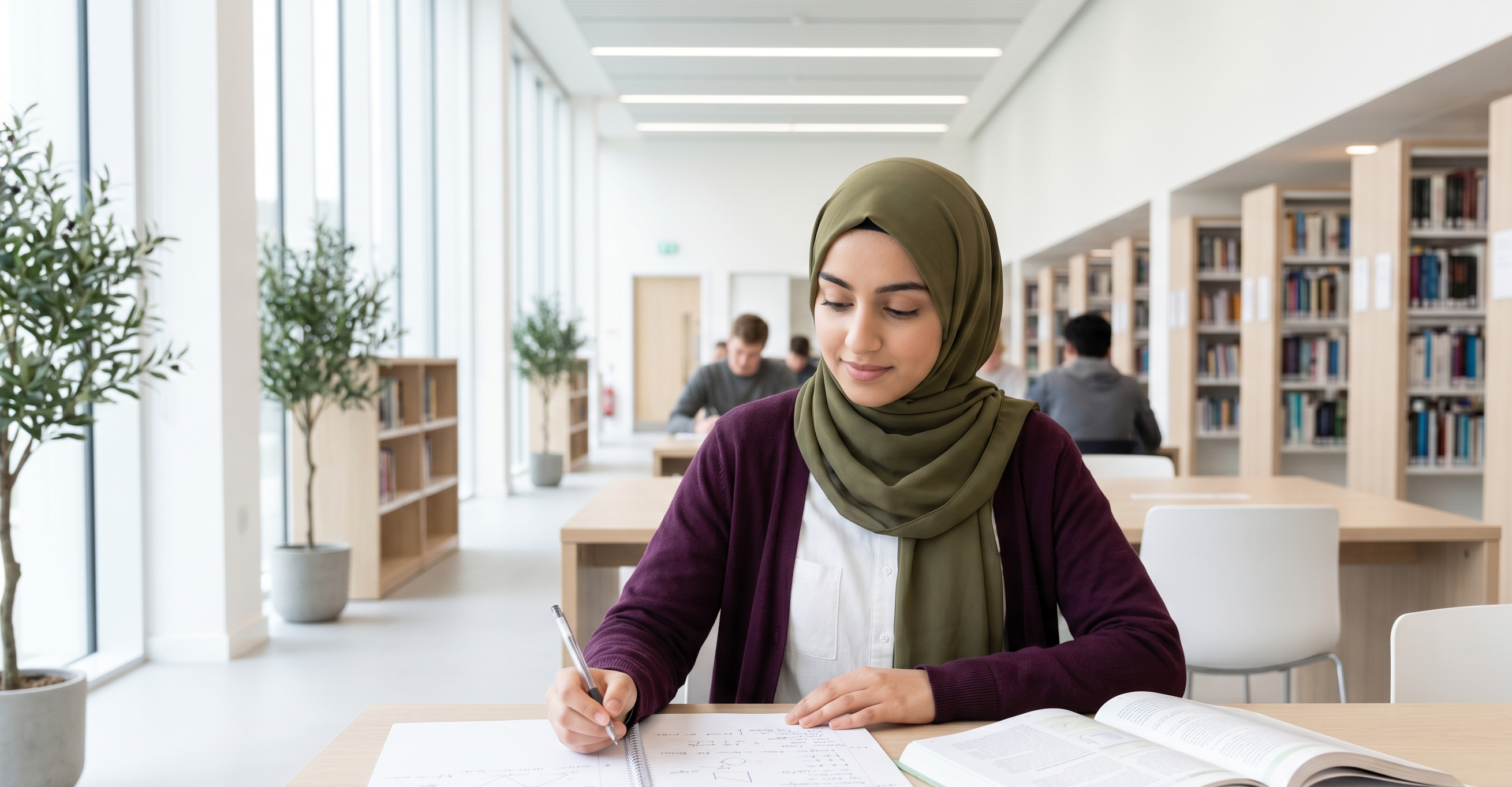 Student studying quietly with warm sunlight